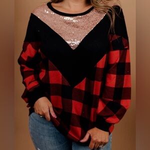 BIBI Sequin Buffalo Plaid Long Sleeve Top Women's 3XL Red Black